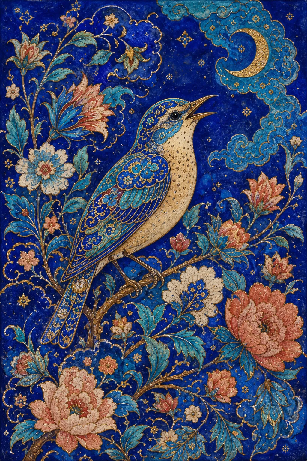 A blue enamel-patterned bird among pink and turquoise flowers on a lapis background
